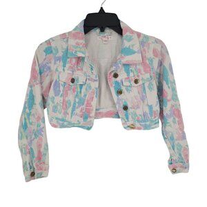 Chillipop girls 10 12 pink blue white denim tie dye crop jean jacket 80s cotton